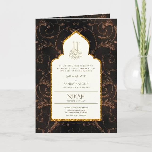 4 Pg NIKAH WALIMA Inbjudan Guld Ornate Islamic (Framsida)
