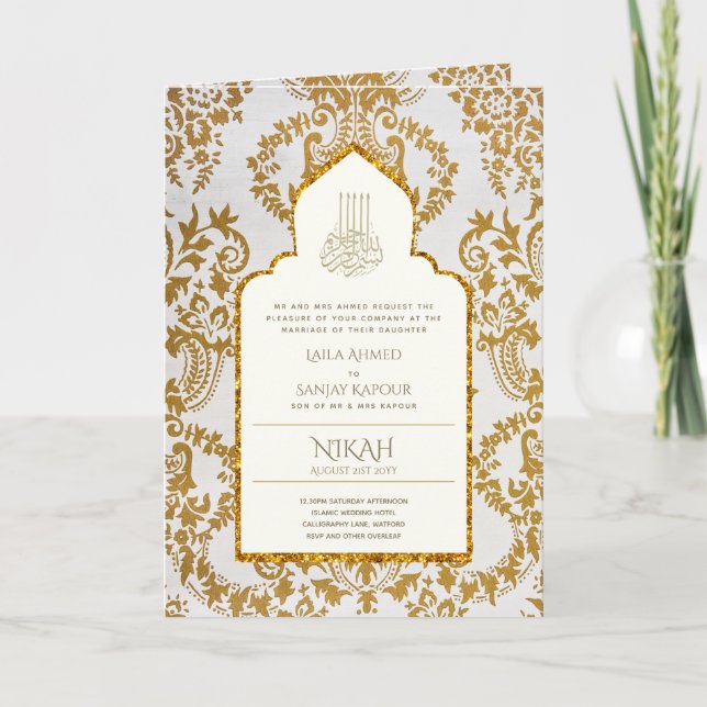 4 Pg NIKAH WALIMA Inbjudan Guld Ornate Islamic (Framsida)