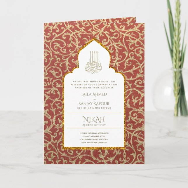 4 Pg NIKAH WALIMA Inbjudan Red Guld Ornate (Framsida)
