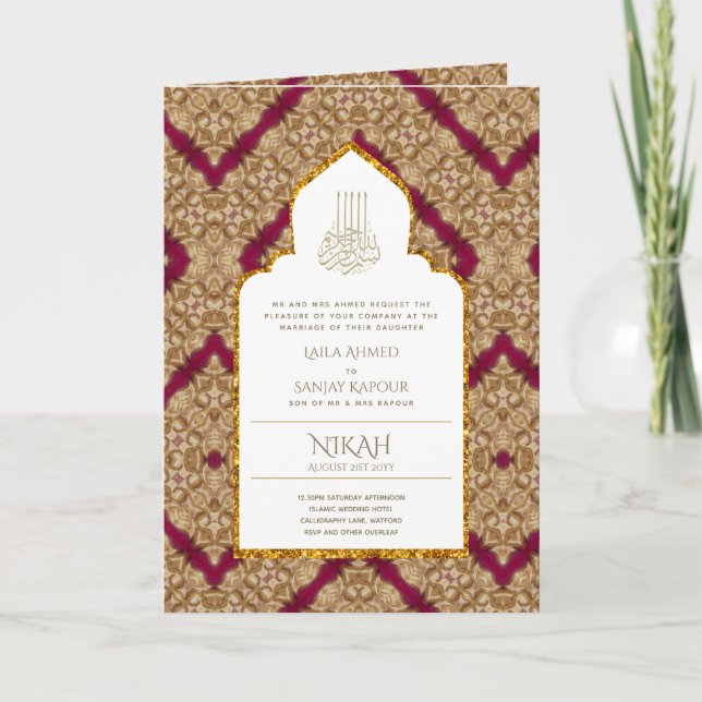 4 Pg NIKAH WALIMA Inbjudan Red Guld Ornate (Framsida)