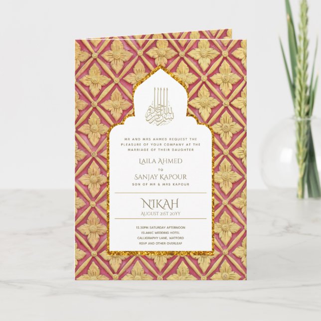4 Pg NIKAH WALIMA Inbjudan Red Guld Ornate (Framsida)