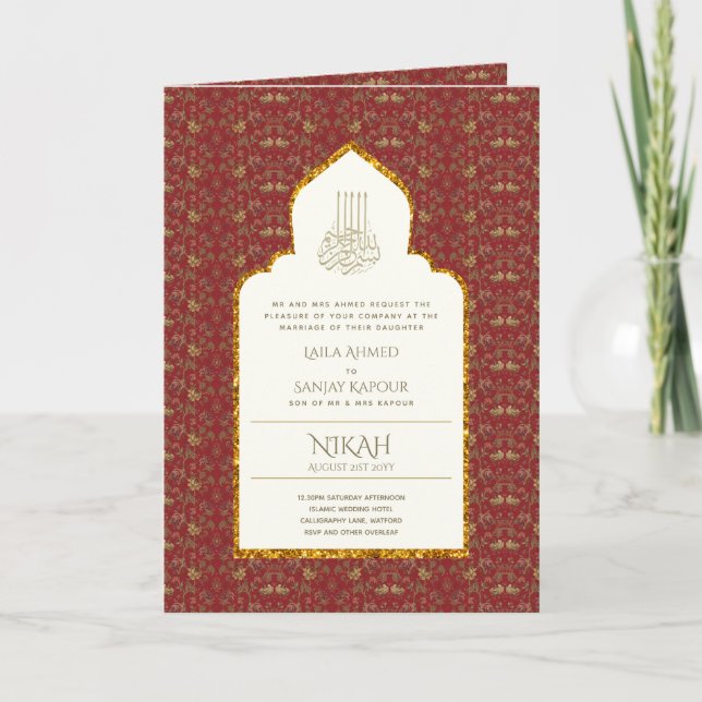 4 Pg NIKAH WALIMA Inbjudan Red Guld Ornate Islamic (Framsida)