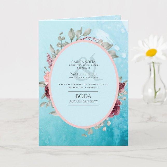 4 pg spanska BODA Inbjudan Teal Aqua Blue Burgundy (Liten växt)