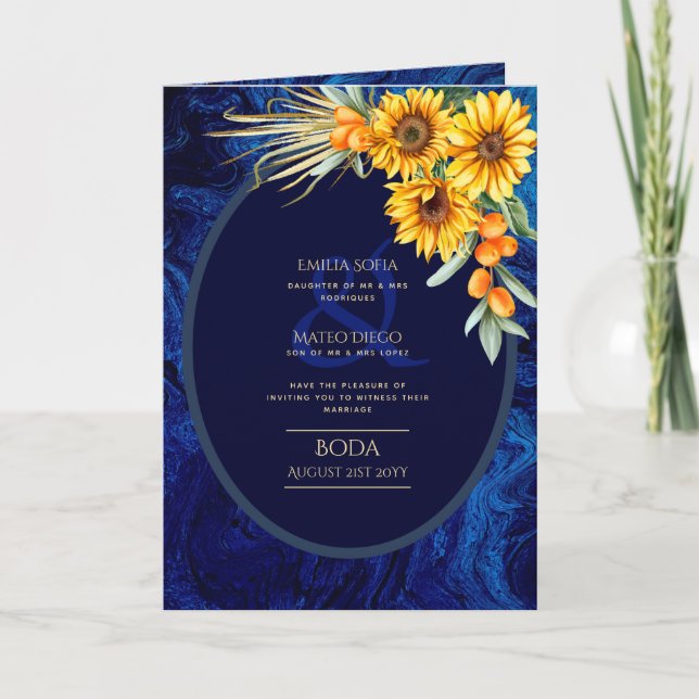 4 pg spanska BODA-inbjudningar, blå solrosburk Kort (Framsida)