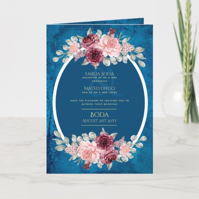 4 pg spanska BODA-inbjudningar Teal Blue Burgundy Kort (Framsida)