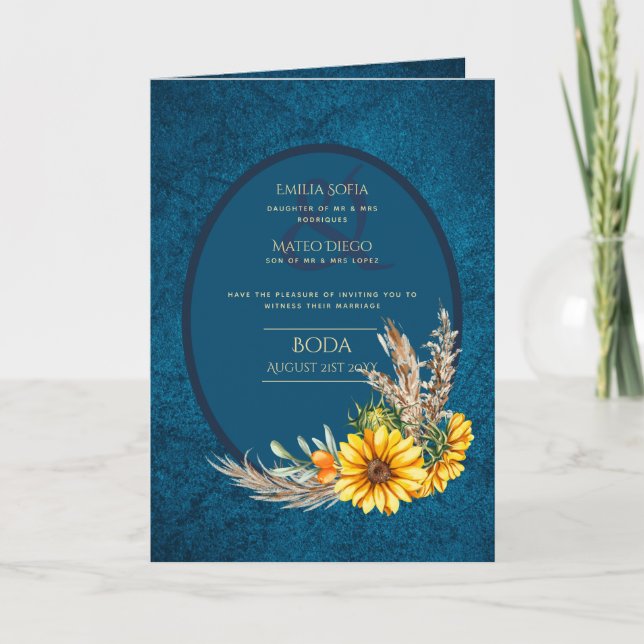 4 pg spanska BODA:s inbjudan Teal Blue Sunblommor (Framsida)