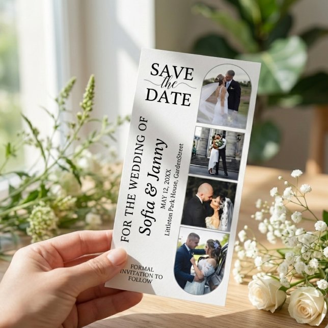 4 Photo Booth Style Wedding Save the Date Bookmark Spara Datumet (4 Photo Booth Style Wedding Save the Date Bookmark – Fun Arch Design)