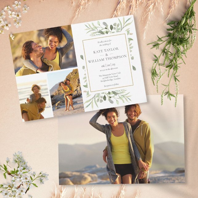 4 Photo Botanical Grey Löv Bröllop Inbjudningar (4 Photo Botanical Greenery Leaves Wedding Invitation)