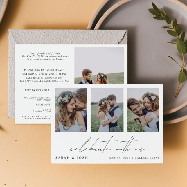 4 Photo Celebrage med oss bröllopsmottagning Meddelande (Personalize this wedding reception invitation with your photos & personal deets - simple, easy, done)