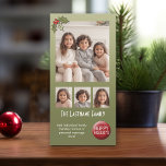 4 Photo Chrismtas Collage - Retro Holly Julkort<br><div class="desc">Anpassa detta med 4 kvadratfoton och din familj namn. Innehåller ett alternativ för att lägga till det första namnen för dina familjemedlemmar eller en personlig Julhälsningar! Du kan också ändra storlek på den röda "Glad helg"-knappen,  flyttat den eller radera den!</div>