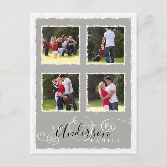 4 Photo Collage Add Family Namn Grått Vykort (Framsida)