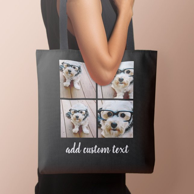 4 Photo Collage Black Grid och vitt modernt skript Tygkasse (Personalized tote bag with photo and text)