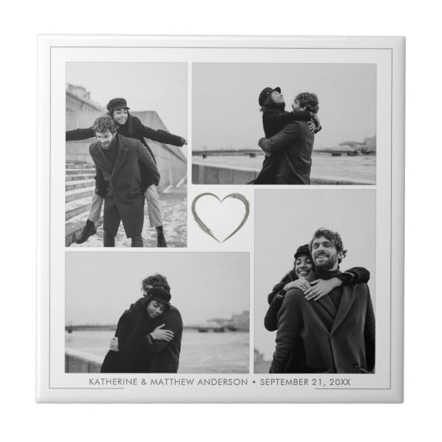 4 Photo Collage Bröllop-årsdag Namn & datum Kakelplatta (Framsidan)