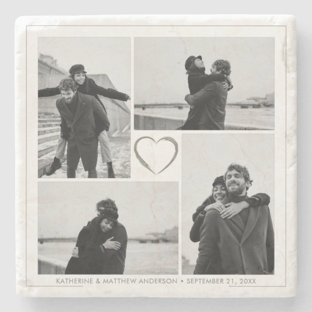4 Photo Collage Bröllop-årsdag Namn & datum Stenunderlägg (Framsidan)
