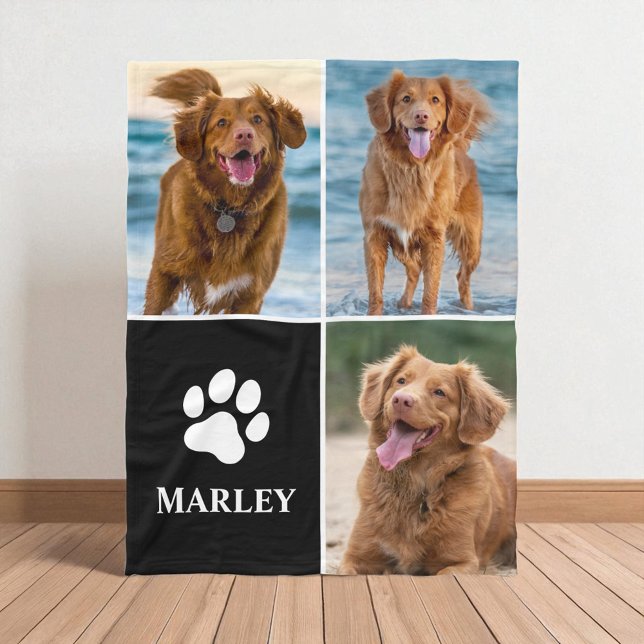 4 Photo Collage Cute Paw Print Dog Lover Pet Fleecefilt (Skapare uppladdad)