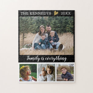 4 Photo Collage Family Namn Black and White Quote Pussel