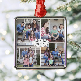 4 Photo Collage Family Namn & Year Simple White Julgransprydnad Metall
