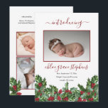 4 Photo Collage Holly | Berries Girl Birth Announc Meddelande<br><div class="desc">Söta flicka,  holly och bär julafton helgdag 4 fotokollage tvåsidigt födelsemeddelande. Lägg bara till dina värdefulla baby-foton och detaljer för att slutföra den här designen. Sammansatt design efter Helgdag Hearts-design (reserverade höger).</div>
