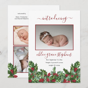 4 Photo Collage Holly   Berries Girl Birth Announc Meddelande