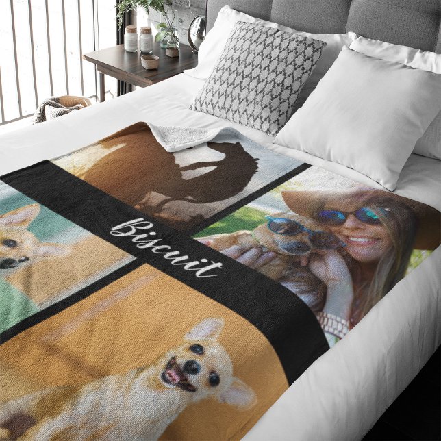 4 Photo Collage Hund Blanket med svart | Fleecefilt (Capture precious pet moments with our Modern Pet Photo Collage Fleece Blanket. )