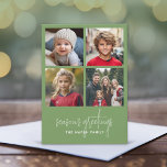 4 Photo Collage Minimal Jul grönt-säsong Julkort<br><div class="desc">Vintage grönt Plade Mönster på baksidan - En enkel,  minimalistisk Julhälsningar med 4 fyrkantiga bilder och modern kalligrafi. Skörd dina foton till fyrkanter innan de laddas upp.</div>