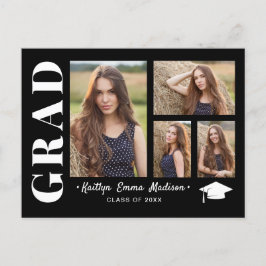4 Photo Collage Modern Script Black & White Grad Vykort