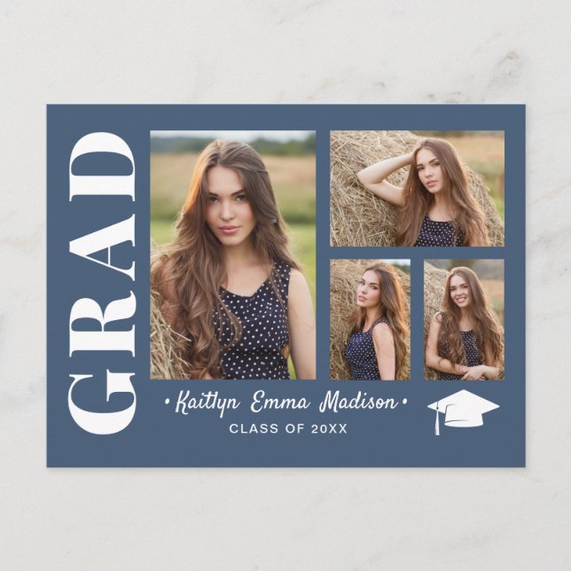 4 Photo Collage Modern Script Dusty Blue Grad Vykort (Framsida)