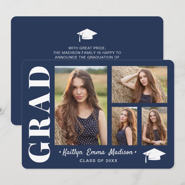 4 Photo Collage Modern Script Navy Blue Grad Meddelande (Fram/baksida)