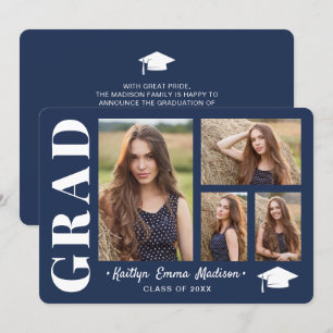 4 Photo Collage Modern Script Navy Blue Grad Meddelande