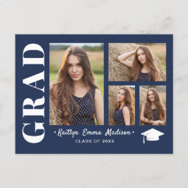 4 Photo Collage Modern Script Navy Blue Grad Vykort