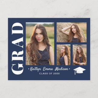 4 Photo Collage Modern Script Navy Blue Grad Vykort