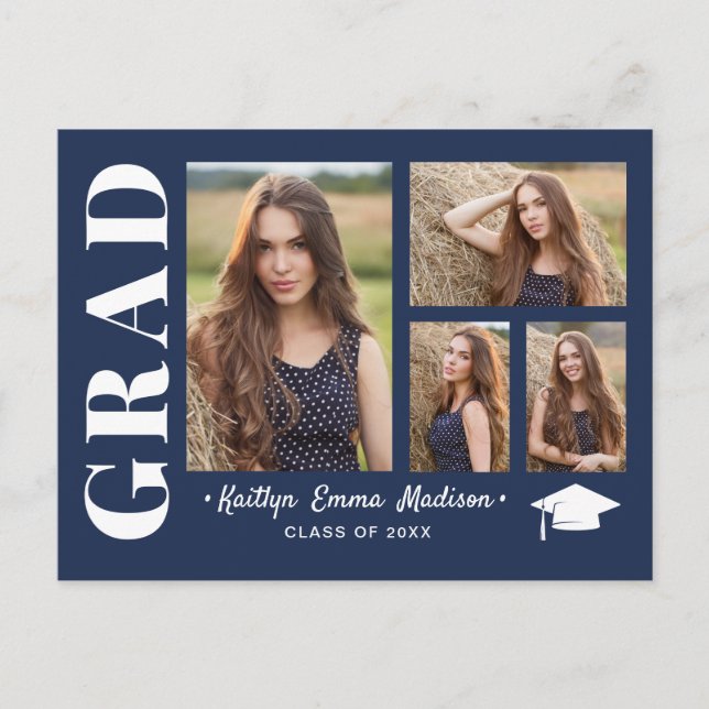 4 Photo Collage Modern Script Navy Blue Grad Vykort (Framsida)