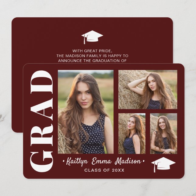 4 Photo Collage Modern Script Red Grad Meddelande (Fram/baksida)