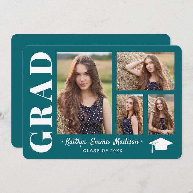 4 Photo Collage Modern Script Teal Grad Meddelande (Fram/baksida)
