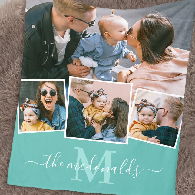 4 Photo Collage Monogram Namn Teal Fleecefilt (Skapare uppladdad)