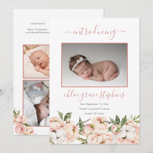 4 Photo Collage Peonies Blommigt Girl Birth Announ Meddelande (Fram/baksida)