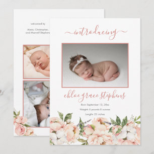4 Photo Collage Peonies Blommigt Girl Birth Announ Meddelande