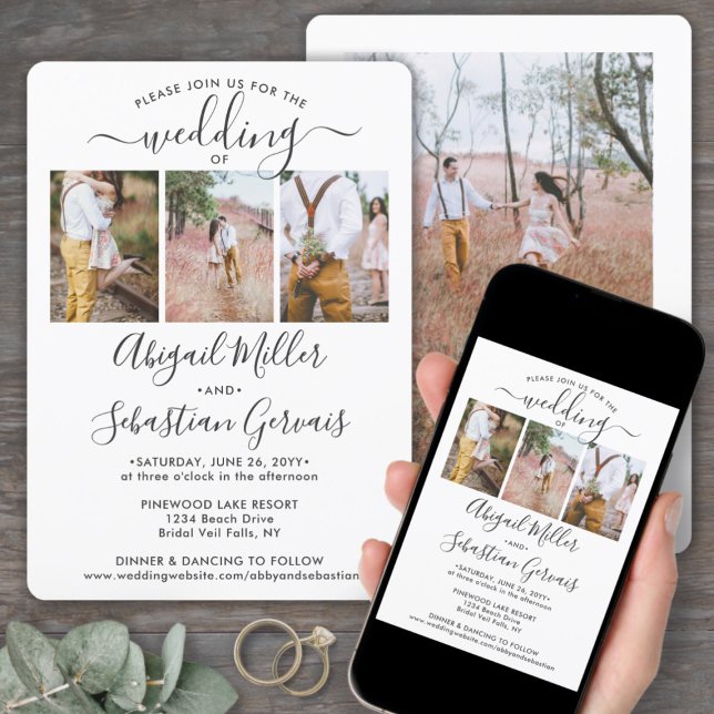 4 Photo Collage Simple Elegant Script Bröllop Inbjudningar (Skapare uppladdad)