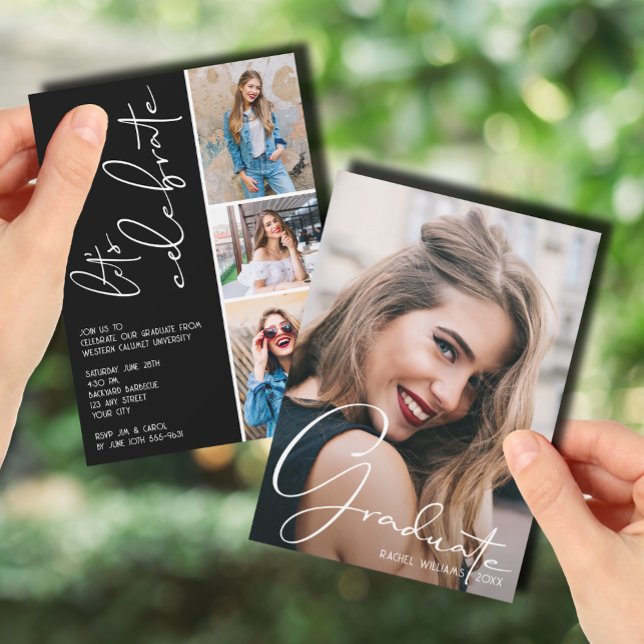 4 Photo Collage Studenten Black Inbjudningar (4 Photo Collage Graduation Black Invitation)