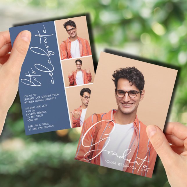 4 Photo Collage Studenten Blue Inbjudningar (4 Photo Collage Graduation Blue Invitations)