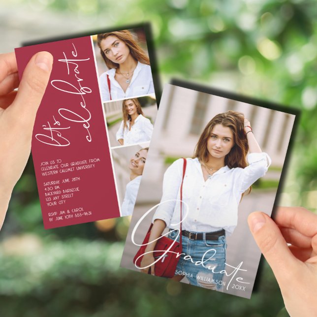 4 Photo Collage Studenten Crimson Inbjudningar (4 Photo Collage Graduation Crimson Invitations)