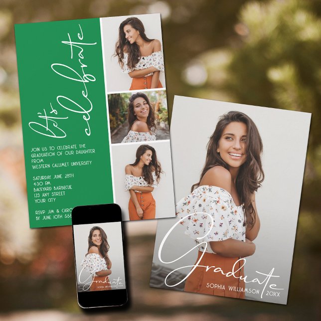 4 Photo Collage Studenten Grönt Inbjudningar (Green graduation party invitations with your favorite photos.)