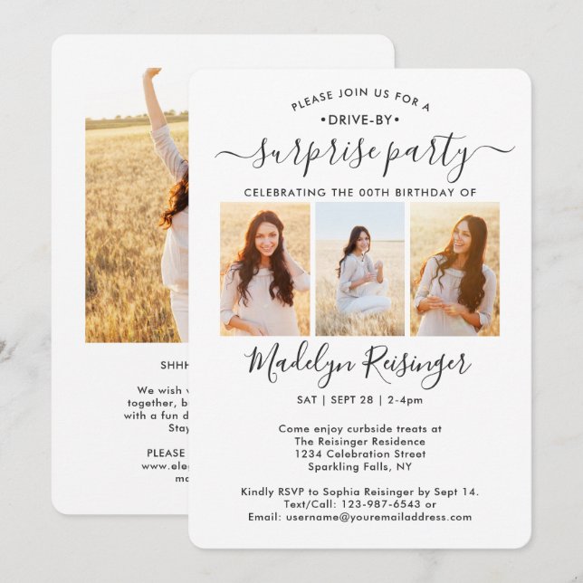 4 Photo Drive by Surprise Födelsedagsfest Parad Inbjudningar (Fram/baksida)