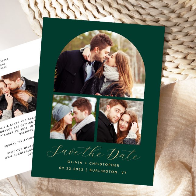 4-Photo Emerald Grönt Guld Arch Spara datum Meddelande Vykort (Skapare uppladdad)