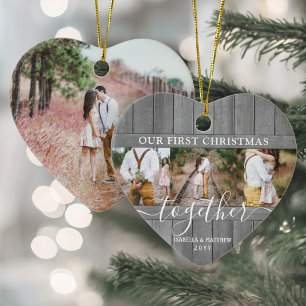4 Photo First Julafton Tillsammans Grått Faux Wood Julgransprydnad Keramik
