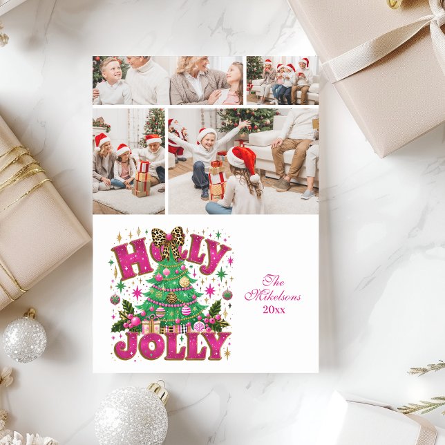 4 Photo Glitter Leopard Bow Holly Jolly Julkort (Skapare uppladdad)