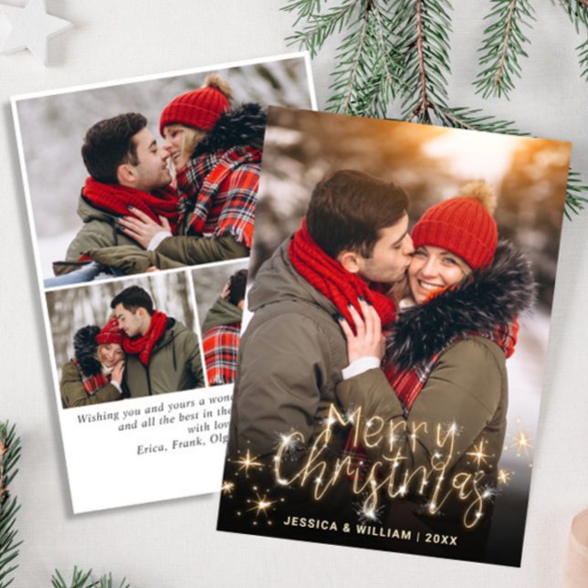 4 PHOTO God jul Guld Gnistra Hälsning Julkort (Skapare uppladdad)