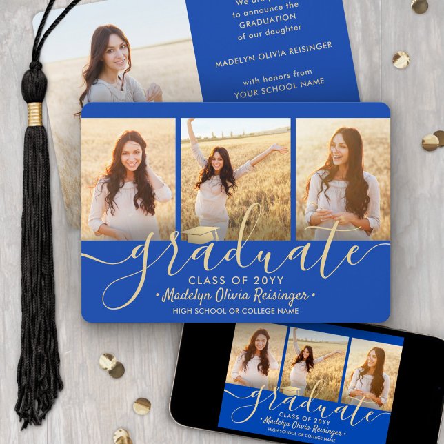 4 Photo Graduation Collage Script Royal Blue Gold Meddelande (Skapare uppladdad)