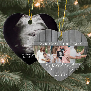 4 Photo Gravid 1st Julafton Grått Faux Wood Heart Julgransprydnad Keramik