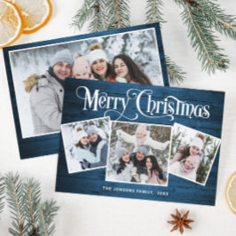 4 PHOTO-jul Rustic Blue Wood Hälsning Julkort